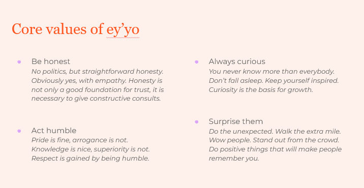 Image of core values of ey'yo: be honest, act humble, always curious, surprise them. 
